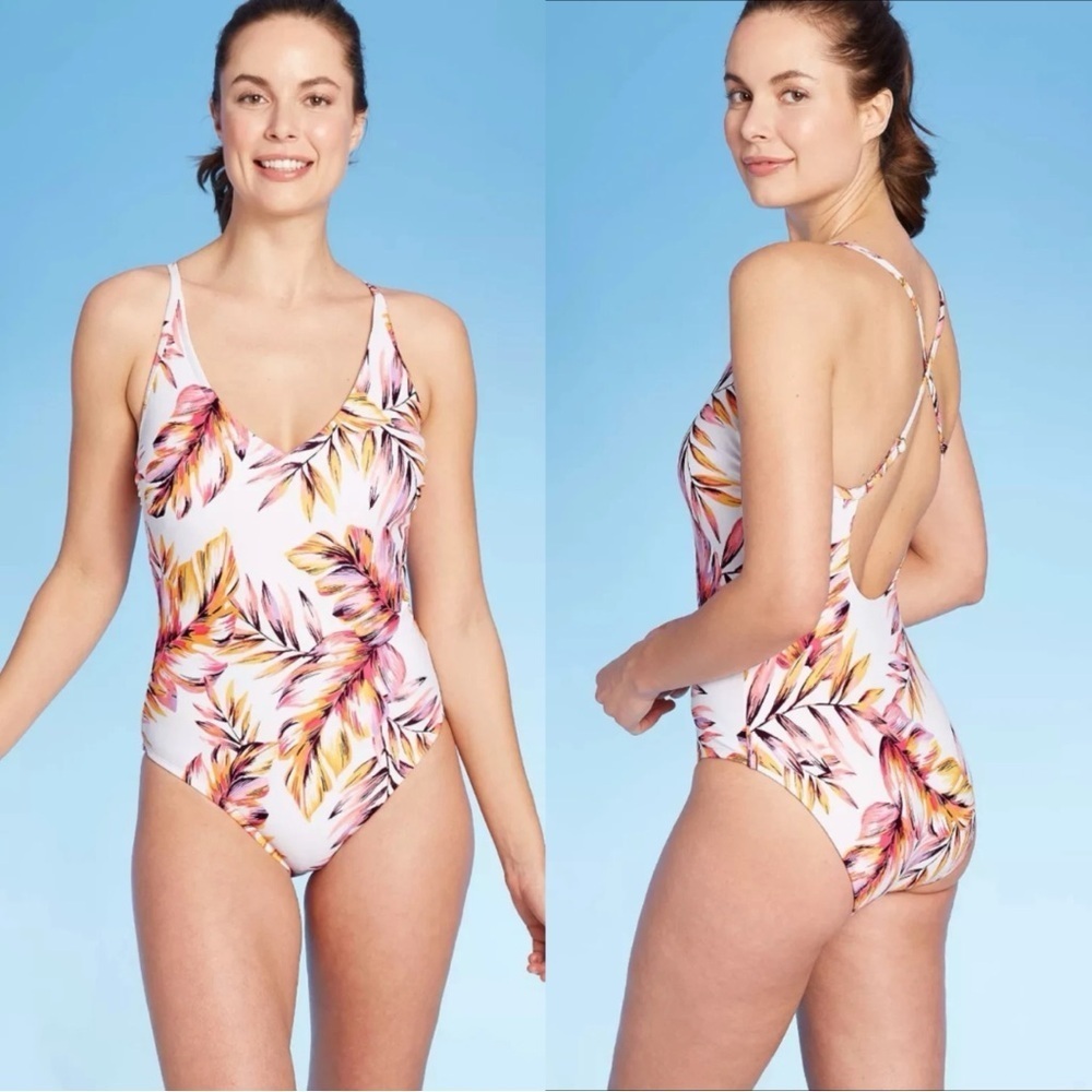 Kona Sol V Neck Cross Back Medium Coverage Floral One Piece Swimsuit Size XL